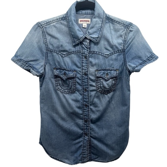 True Religion Y2K Button Front Chambray Western Rodeo Top Size XS - Picture 2 of 10